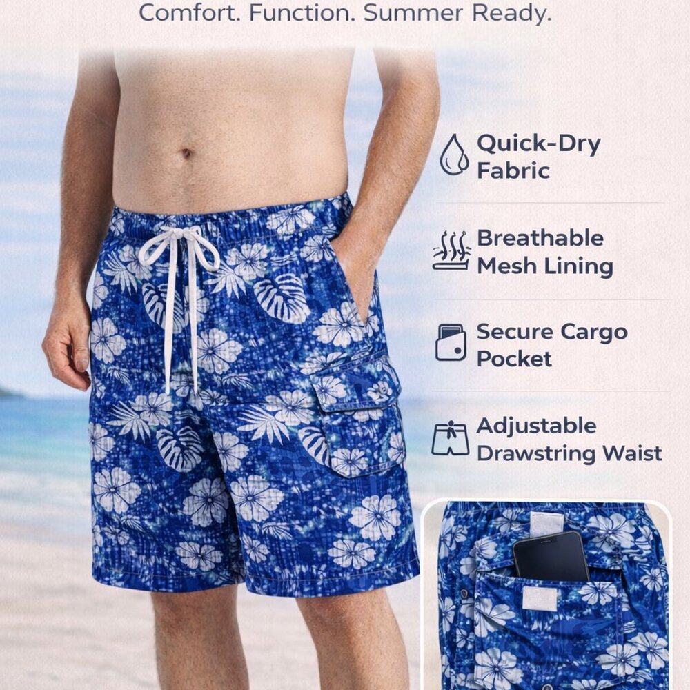 Men’s 2 Pack Cargo Swim Shorts Quick Dry Mesh Liner Beach Board Trunks, NEW - Picture 3 of 8